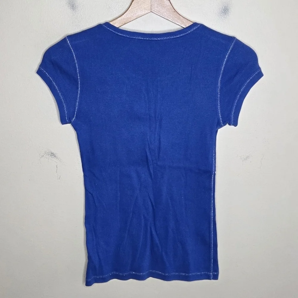Y2K Justice Blue Short Sleeve Ribbed Henley Shirt Silver Stitching Girls Size 14
